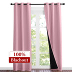 NICETOWN 100% Blackout Short Curtains with Black Liners, Solid Thermal Insulated Full Blackout 2-Layer Lined Drapes, Energy Efficiency Window Drapes for Bedroom (2 Panels, 37"W by 84"L, Crystal Pink)