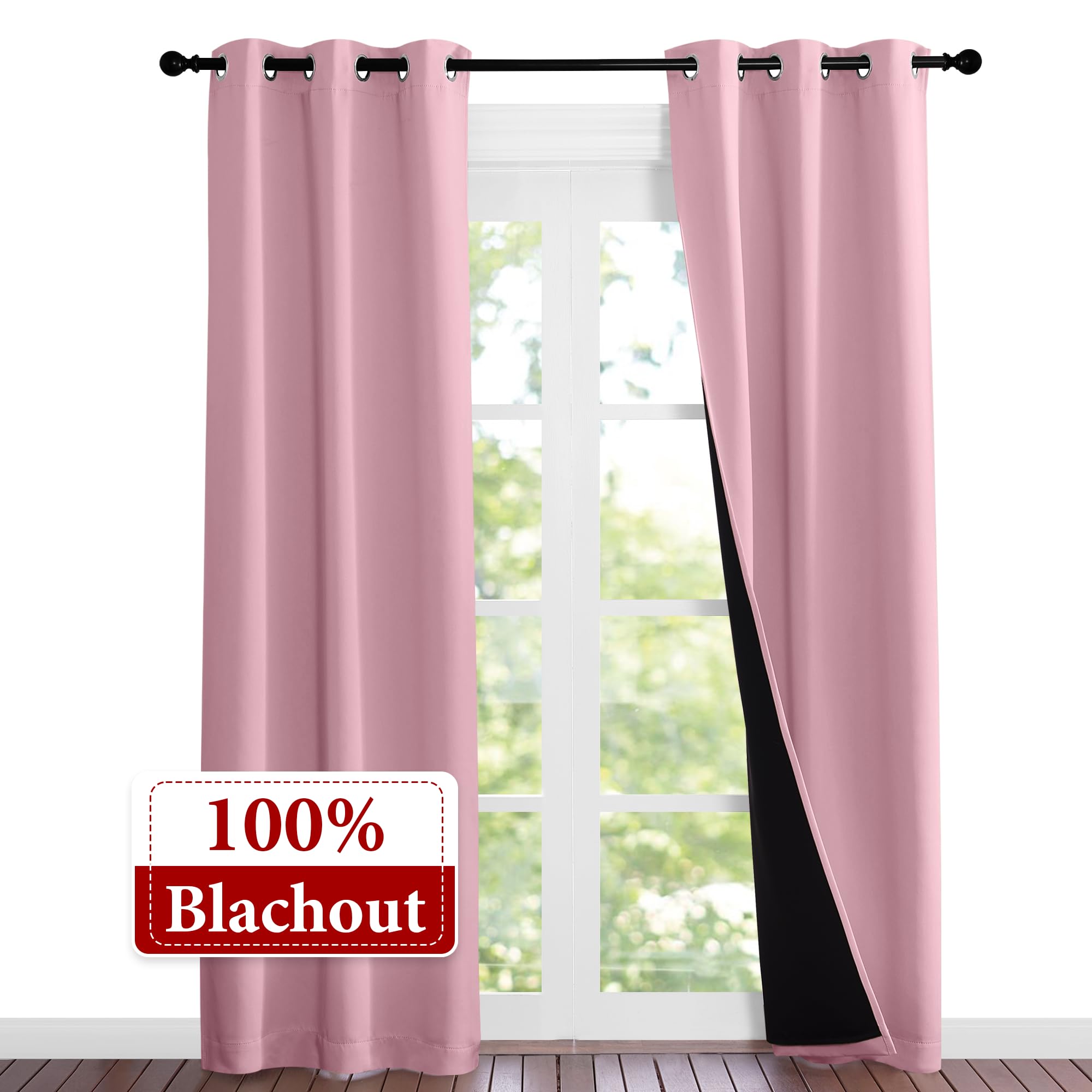 NICETOWN 100% Blackout Short Curtains with Black Liners, Solid Thermal Insulated Full Blackout 2-Layer Lined Drapes, Energy Efficiency Window Drapes for Bedroom (2 Panels, 37"W by 84"L, Crystal Pink)
