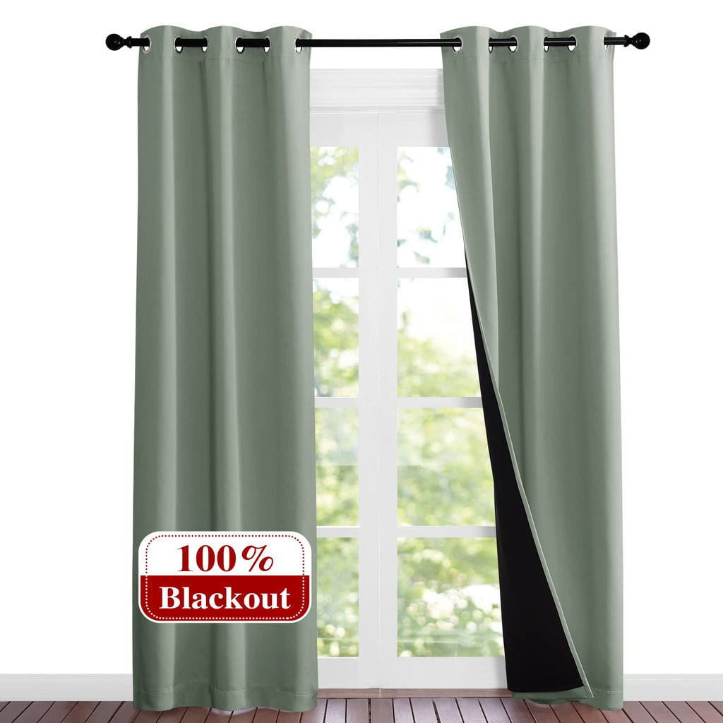 NICETOWN Greyish Green Blackout Curtains 84 inches Long, Full Light Blocking Drapes with Black Liner for Nursery, Noise Reducing Thermal Insulated Draperies for Doorway (2 Pieces, 37" Wide per Panel)