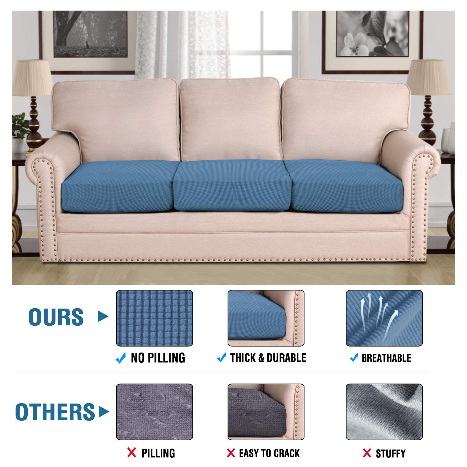 H.VERSAILTEX Super Stretch Couch Cushion Covers Sofa Cushion Slipcovers Jacquard Fabric Individual Seat Couch Slipcover Sets for Pets with Elastic Bottom(3 Packs Cushion Sofa Covers, Dusty Blue)