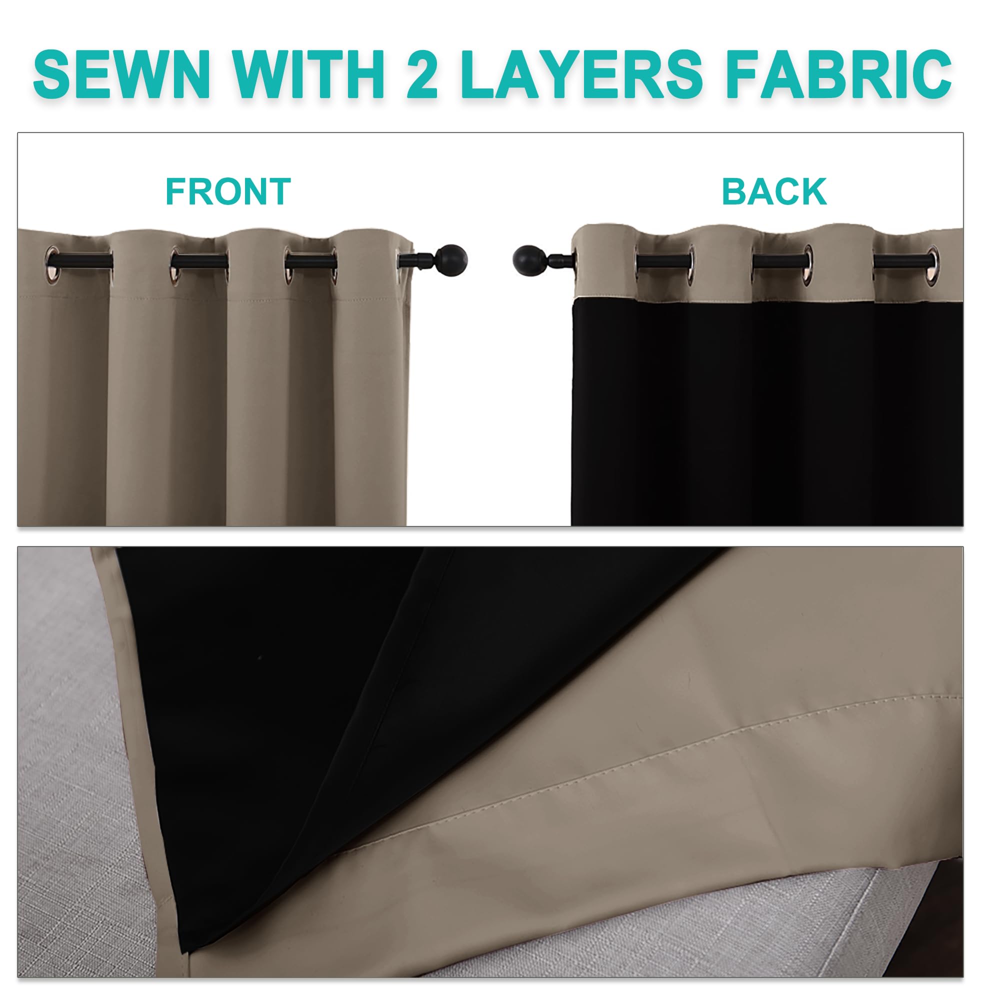 NICETOWN 100% Blackout Blinds, Set of 2, 52 inches x 120 inches, Laundry Room Decor Window Treatment Curtains for Large Patio Sliding Door, Thermal Insulated Taupe Curtains for Bedroom