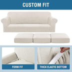 H.VERSAILTEX 4 Piece Stretch Sofa Covers for 3 Cushion Couch Covers for Living Room Furniture Slipcovers (Base Cover Plus 3 Seat Cushion Covers) Thicker Jacquard Fabric (Large Sofa, Ivory)