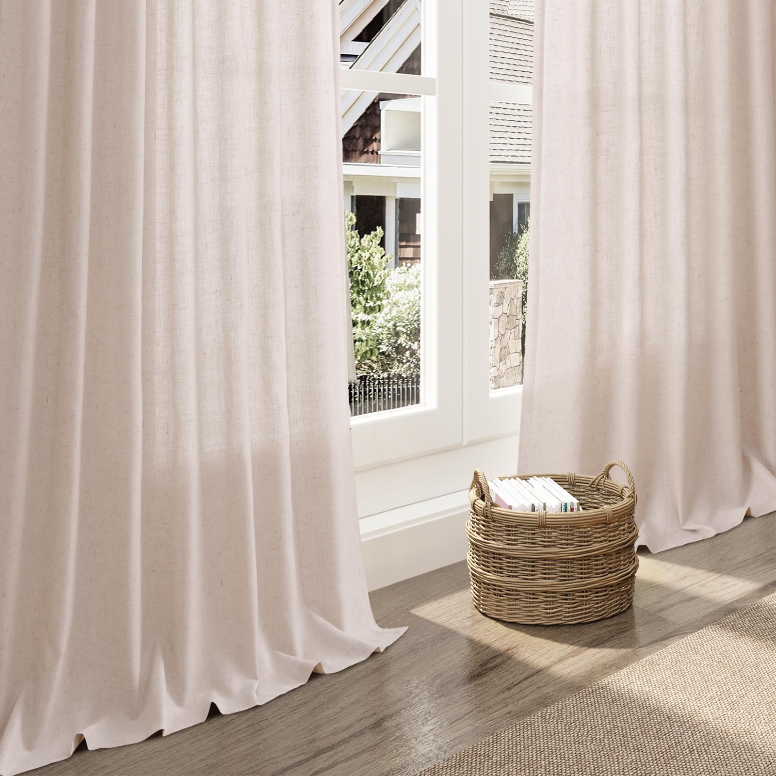 Nanspring Natural White Linen Curtains 84 Inch Length for Living Room Burlap Light Filtering Semi Sheer Curtain Back Tab Neutral Farmhouse Privacy Drapes for Bedroom Office 52x84, 2 Panels