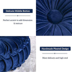 HIG Set of 2 Decorative Round Pleated Throw Pillows, Classy Accent Pumpkin Throw Pillows with Center Button, Vintage Velvet Floor Pillows for Sofa Couch Vanity Chair Bed, Navy, 14.5" Diameter(Ripple)