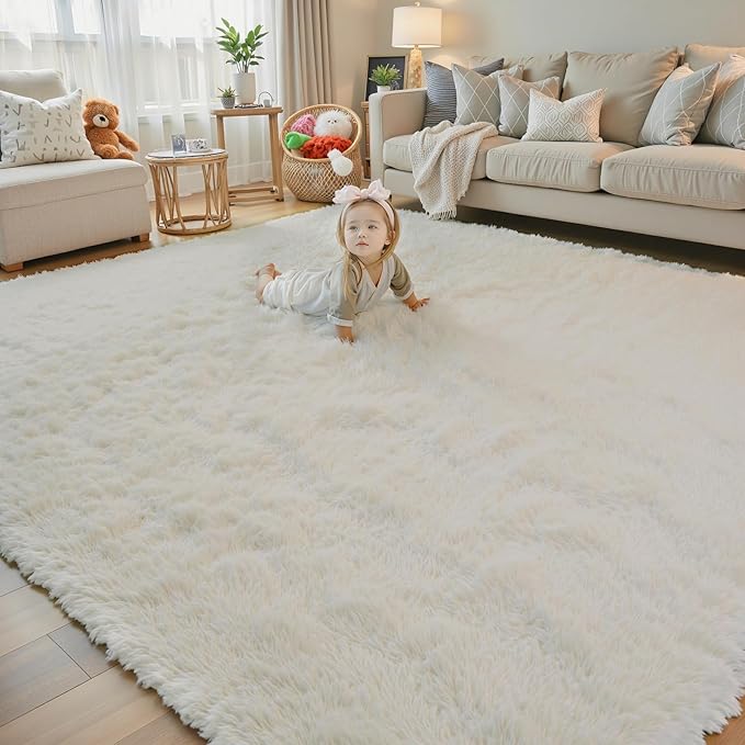 Area Rugs 9x12 Living Room, Cream Large Shaggy Carpet Soft Plush Furry Rug