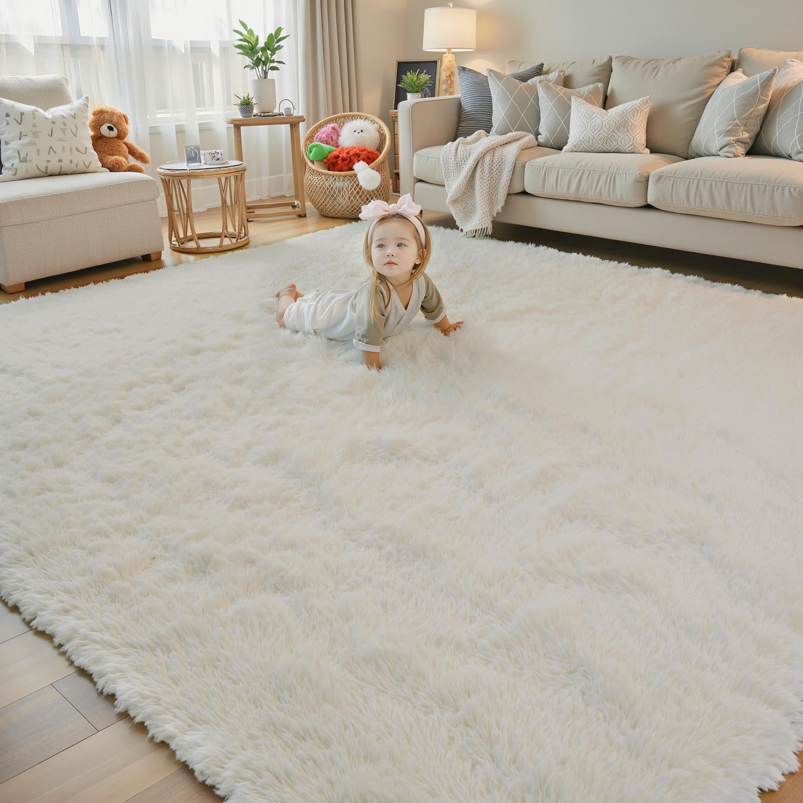 Area Rugs10x14 for Living Room,Cream Large Shaggy Carpet Plush Furry Rug