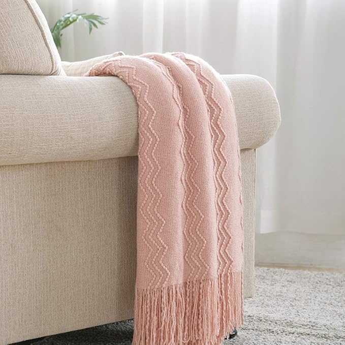 BOURINA Pink Throw Blanket 60x80 Inch Boho Knitted Soft Throw Sofa Blanket