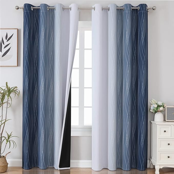 Navy Blue and Greyish White Blackout Curtains for Living Room 90 Inch Long