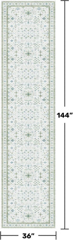 Hazo Haus Oushak 3x12 Wide Hallway Runner Rug - Vintage Turkish Floral, Washable Low Pile Non Slip 12ft Long Runners for Large Kitchen, Hall Way - Light Blue and Green