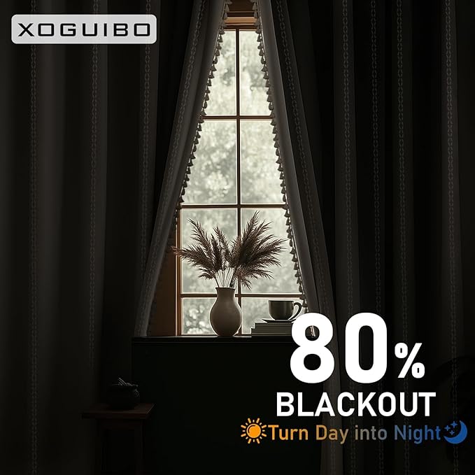 Boho 80% Blackout Curtains with Gray Liner 72 Inches Long 2 Panels Set, Beige Linen Blend Drapes with Tassels and Cotton Embroidered for Living Room Bedroom