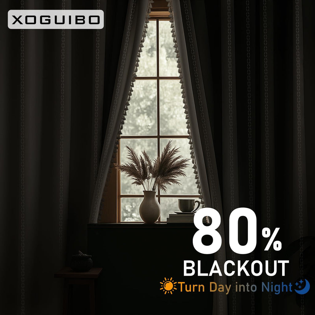 XOGUIBO 80% Boho Blackout Curtains 63 Inch Linen Blend Drapes 2 Panels