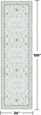 Hazo Haus Oushak 3x10 Wide Hallway Runner Rug - Vintage Turkish Floral, Washable Low Pile Non Slip 10ft Long Runners for Kitchen, Hall Way - Light Blue and Green
