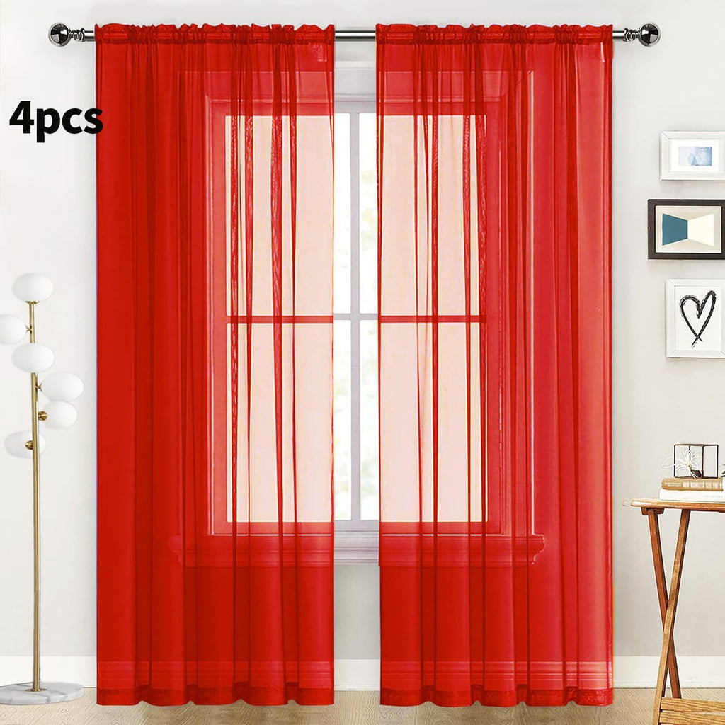 SpaceDresser Sheer Red Curtains 4 Panels Rod Pocket Semi-Sheer Curtain 54 Inches Long Light Filtering Voile Window Drapes for Bedroom Living Room Kitchen, Each 52W x 54L