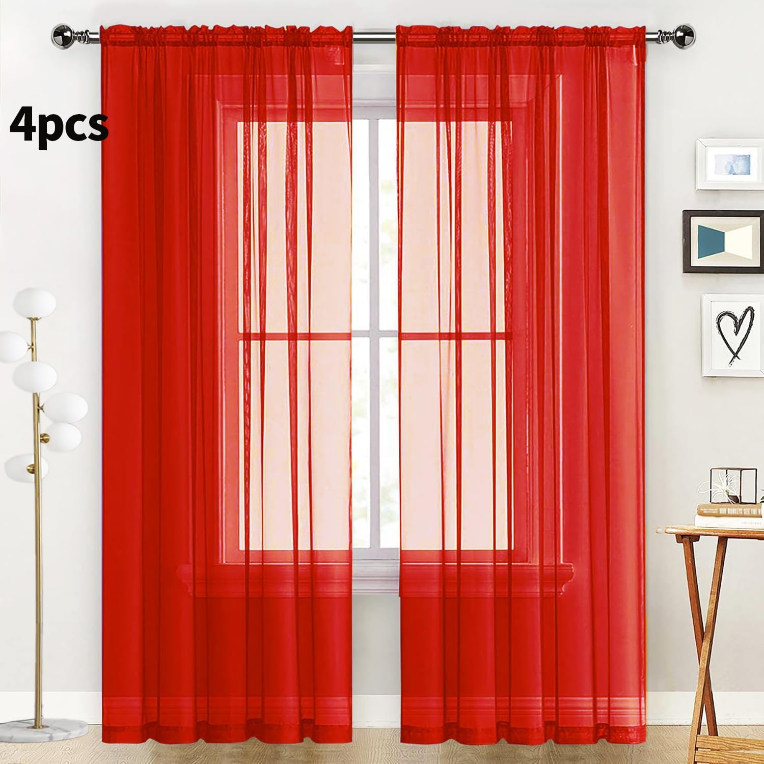 SpaceDresser Sheer Red Curtains 4 Panels Rod Pocket Semi-Sheer Curtain 54 Inches Long Light Filtering Voile Window Drapes for Bedroom Living Room Kitchen, Each 52W x 54L