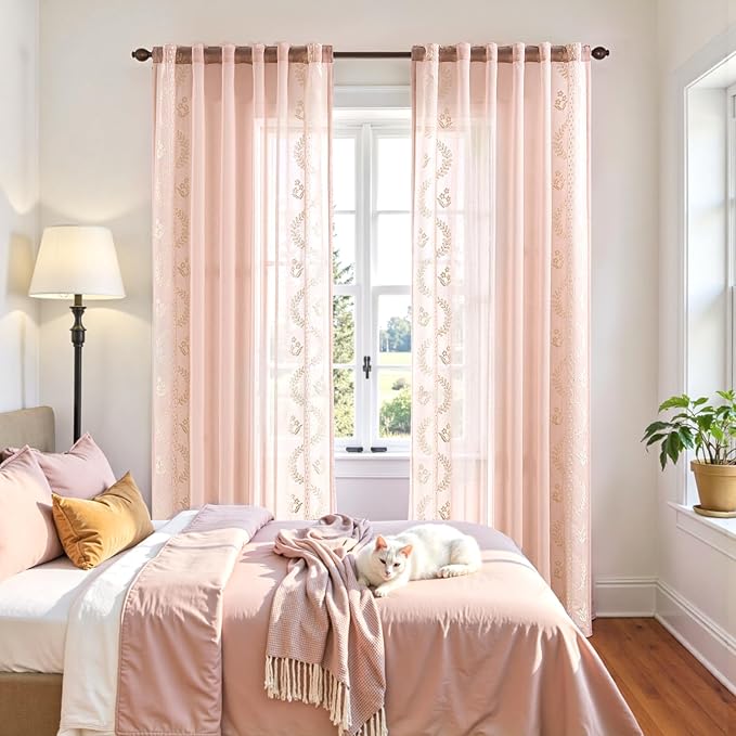 jinchan Belrose Winslow Pink Sheer Curtains 84 Inch for Bedroom Living Room Embroidered Bordered Floral Nursery Curtains for Girls Room Dorm Light Filtering Window Treatments, 2 Panels, W50 x L84