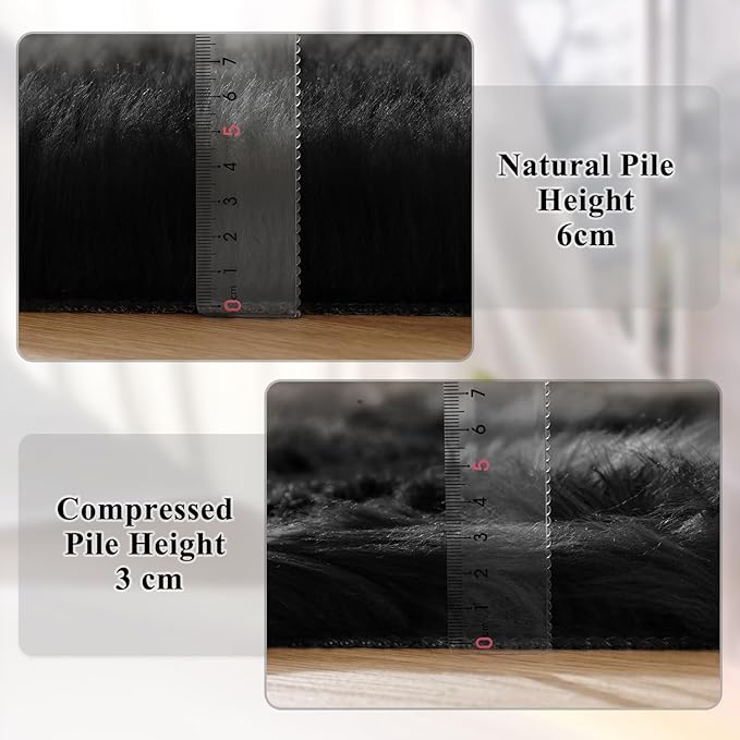 ORINOVA Black Fuzzy Living Room Washable Area Rugs for Bedroom Shag Circle Faux Sheepskin Furry Fur Round Rug 5ft Nursery Rug