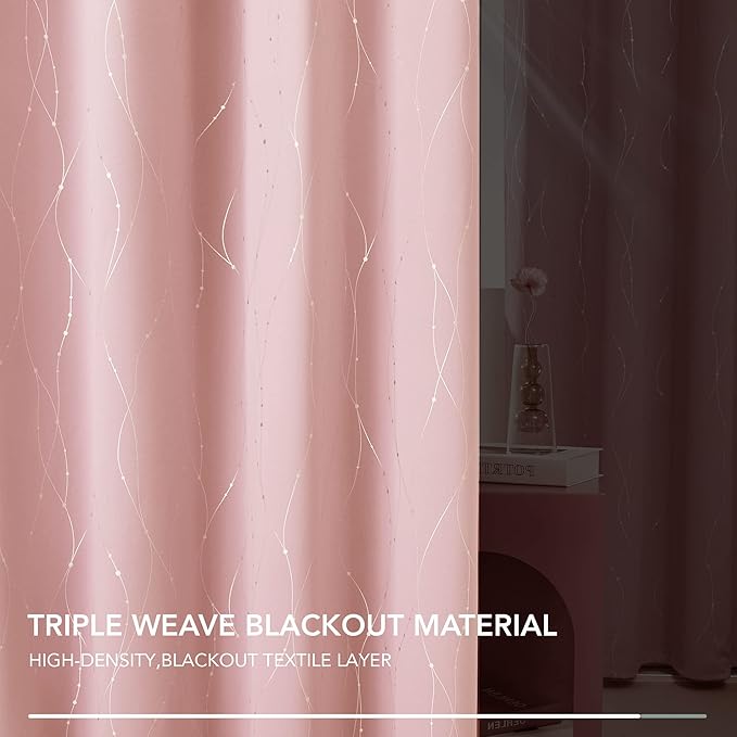 Deconovo Pink Blackout Curtains for Bedroom, Thermal Insulated Soundproof Pravicy Curtain, Silver Wave Dots Print, 52 x 108 Inch Long, Machine Washable Window Panels for Kids Room Nursery, Set of 2