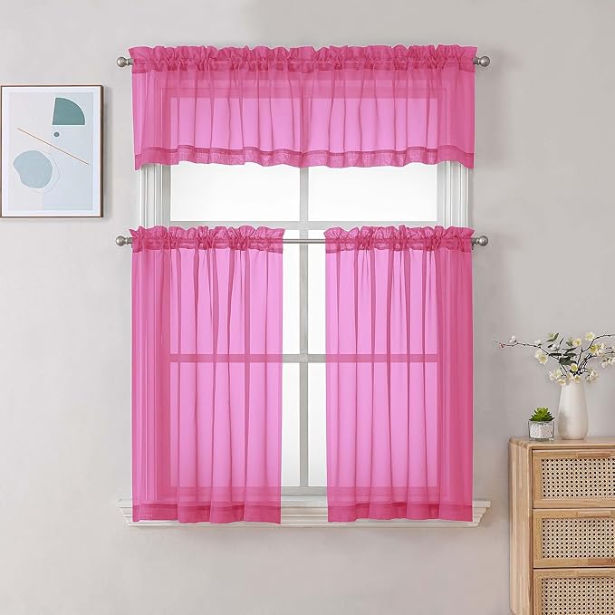 Chyhomenyc Sheer Hot Pink Tier Curtains 24 Inch Length Set, Small Window Kitchen Curtains for Bathroom Living Room Basement, Farmhouse Short Voile Curtain 42Wx24L, Rod Pocket, 2 PCS
