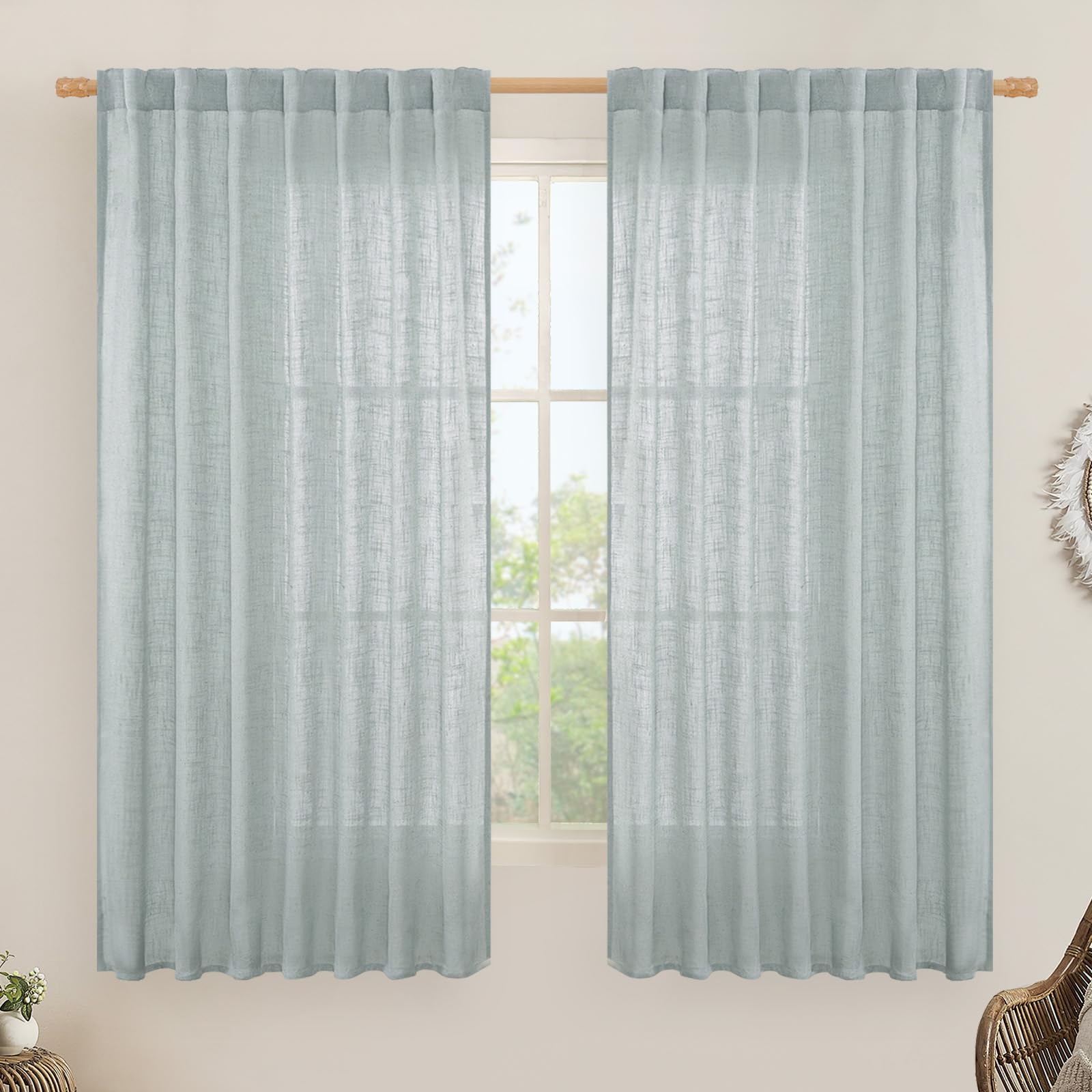 LAMIT Extra Wide Semi Sheer Linen Curtains for Living Room 63 Inch Length