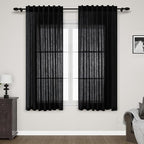 Nanspring Black Sheer Linen Curtains for Bedroom 64 Inches Long 2 Panel Sets See Through Light Filtering Back Tab Rod Pocket Short Linen Drapes for Living Room Kitchen Simple Modern Decor W52xL64