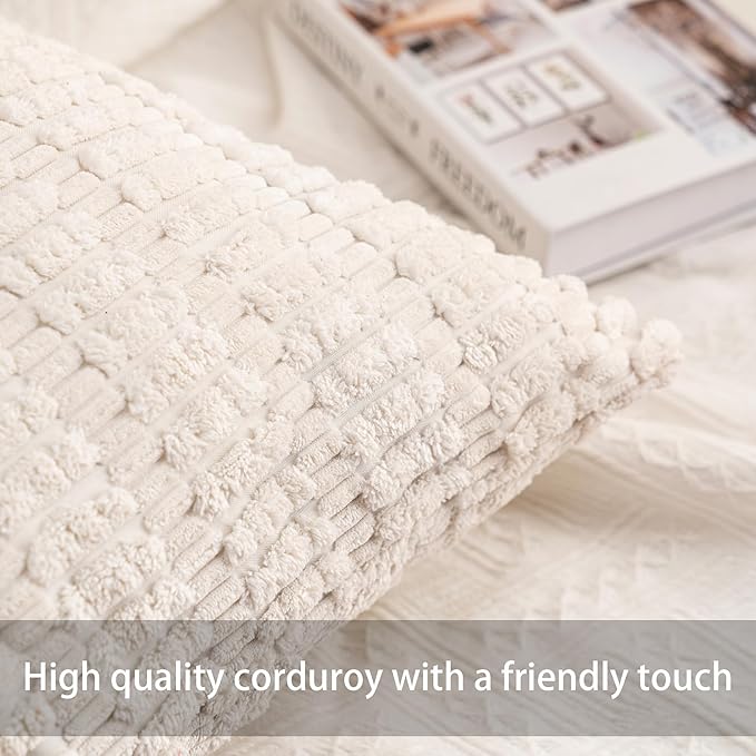 Pack of 2 Corduroy Decorative Throw Pillow Covers 16x16 Inch Soft Striped Pillow Covers Modern Farmhouse Home Decor for Sofa Living Room Couch Bed（Cream White）