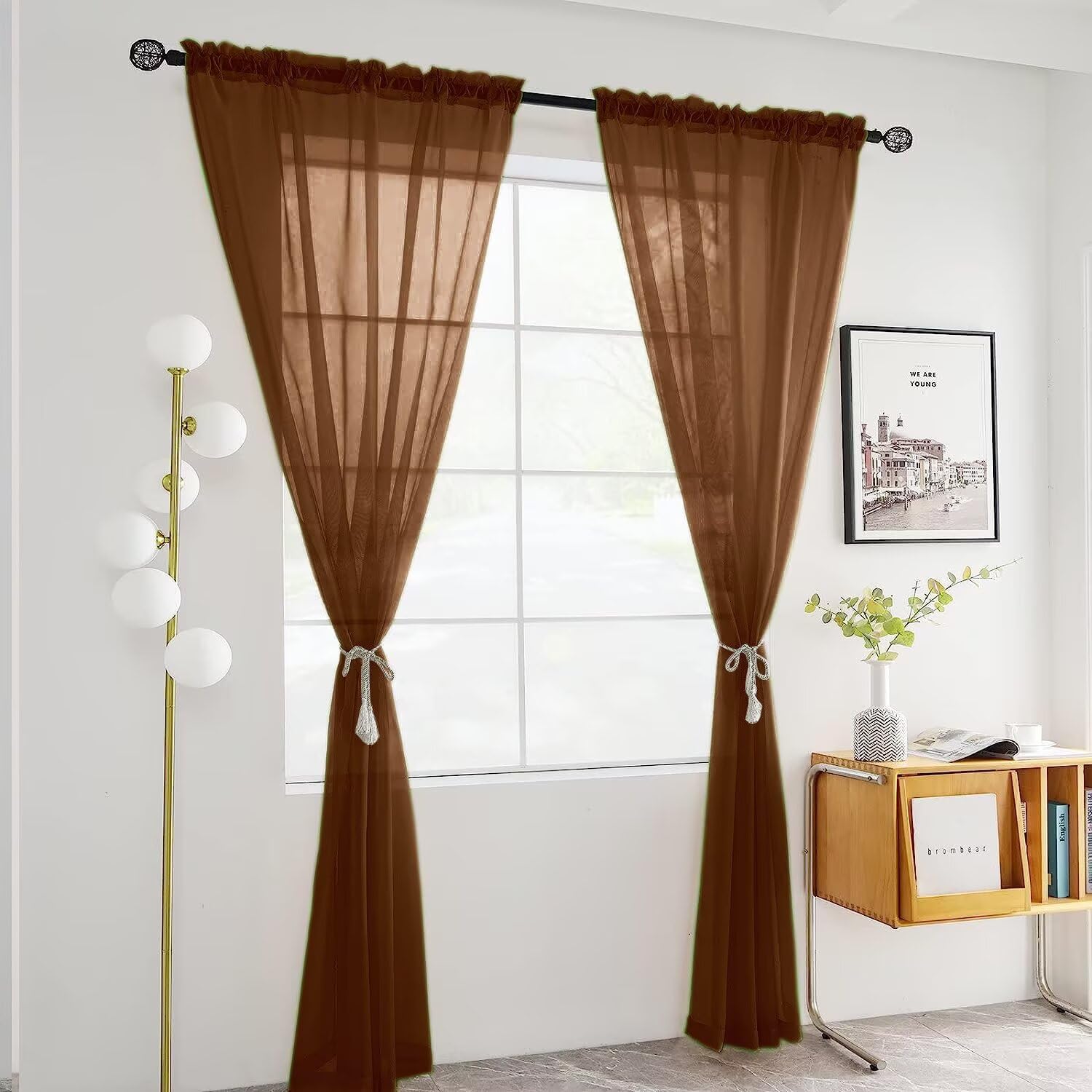 SpaceDresser Brown Sheer Curtains 4 Panels Rod Pocket Semi-Sheer Curtain 90 Inches Long Light Filtering Voile Window Drapes for Bedroom Living Room Kitchen, Each 52W x 90L