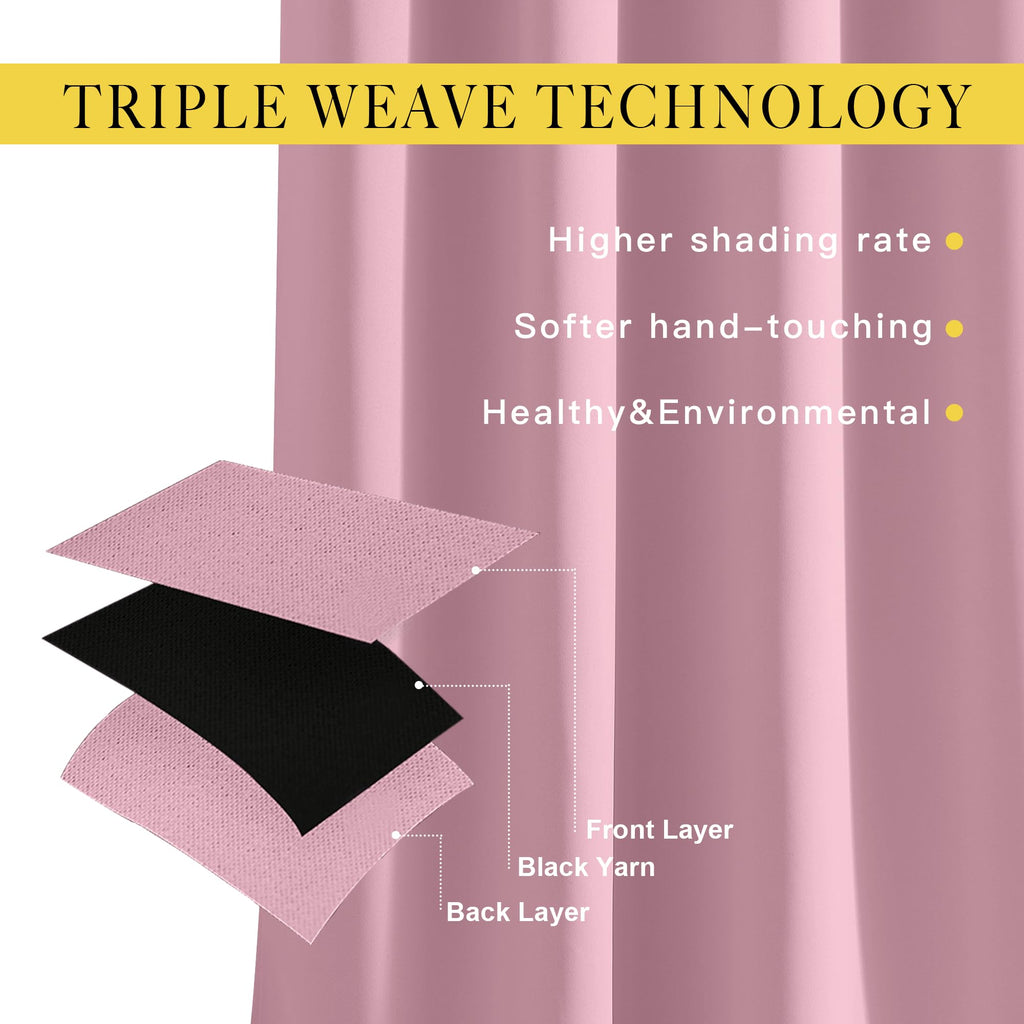 NICETOWN Blackout Curtains for Kids Room - Triple Weave Microfiber Home Thermal Insulated Solid Ring Top Blackout Panels/Drapes for Bedroom(Crystal Pink, Set of 2, 52 x 63 Inch)