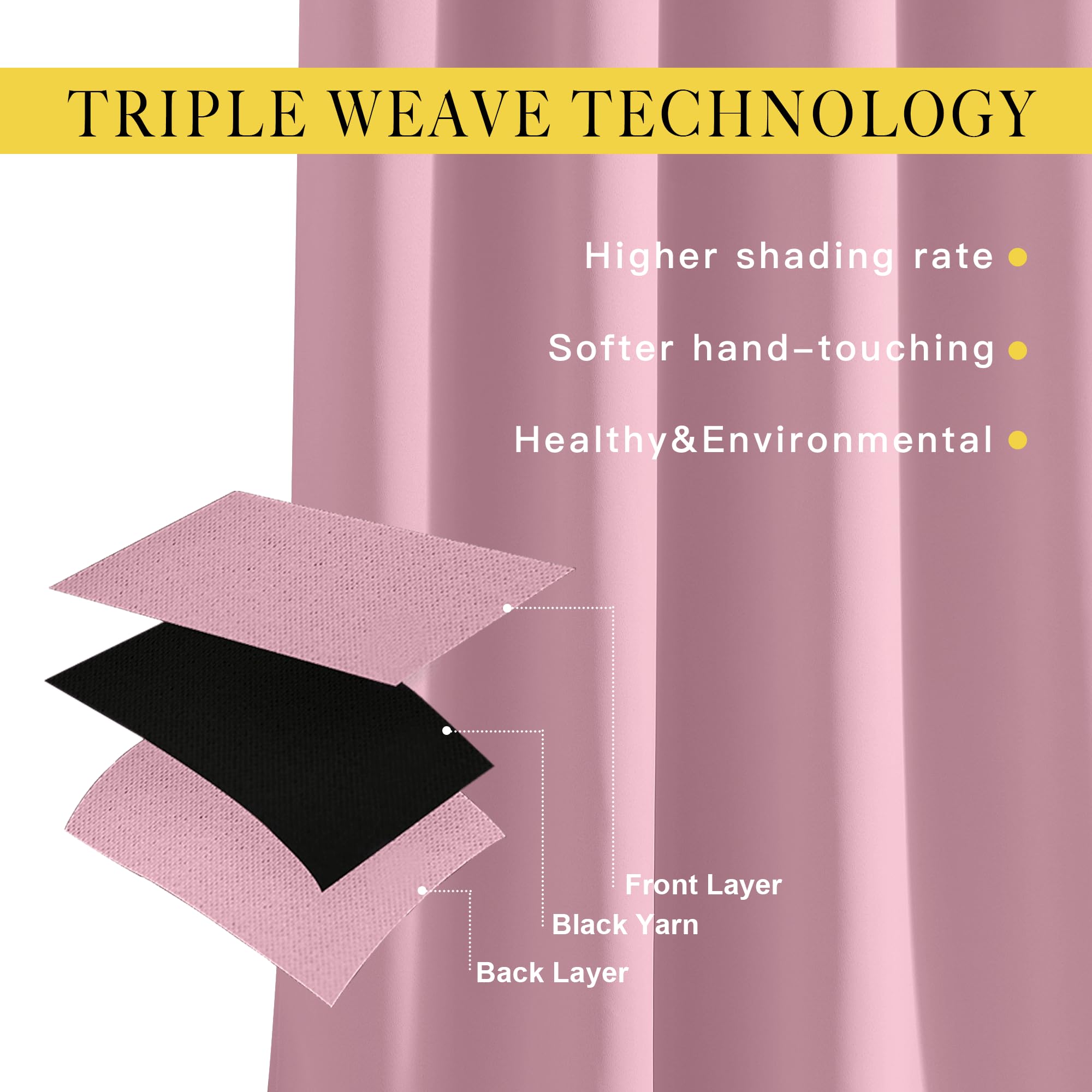 NICETOWN Blackout Curtains for Kids Room - Triple Weave Microfiber Home Thermal Insulated Solid Ring Top Blackout Panels/Drapes for Bedroom(Crystal Pink, Set of 2, 52 x 63 Inch)