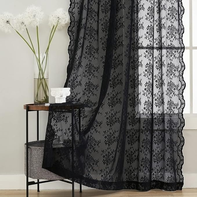 YJ YANJUN Vintage Lace Curtains 84 Inches Long-Victorian Floral Pattern Black Sheer Curtain Panels for Living Room Bedroom,Light Filtering, Gothic Witchy Halloween Drapes 2 Panels 52W x 84L