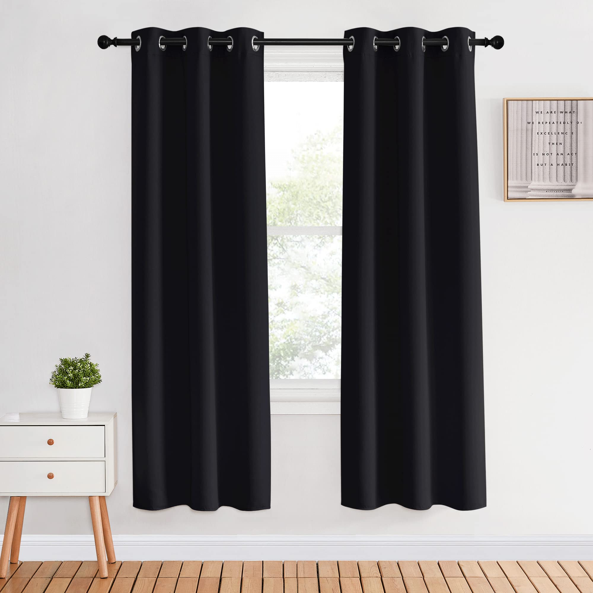 NICETOWN Blackout Curtain Panels 70 inches Length, Set of 2, 34 inches Wide, Black, Light Reducing Thermal Insulated Solid Grommet Room Darkening for Bedroom/Night Shift