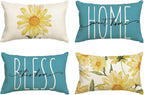 AVOIN colorlife Home Sweet Home Spring Summer Flowers Yellow Throw Pillow Covers, 12 x 20 Inch Blue Cushion Case for Sofa Couch Set of 4