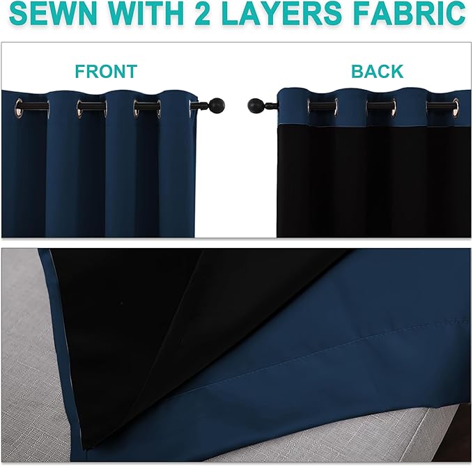 NICETOWN Total Shade Curtains and Draperies, Heavy-Duty Full Light Shading Drapes with Black Liner Backing for Villa/Hall/Dorm Window（Moroccan Blue, Package of 2 Panels, 70" Wide x 95" Long