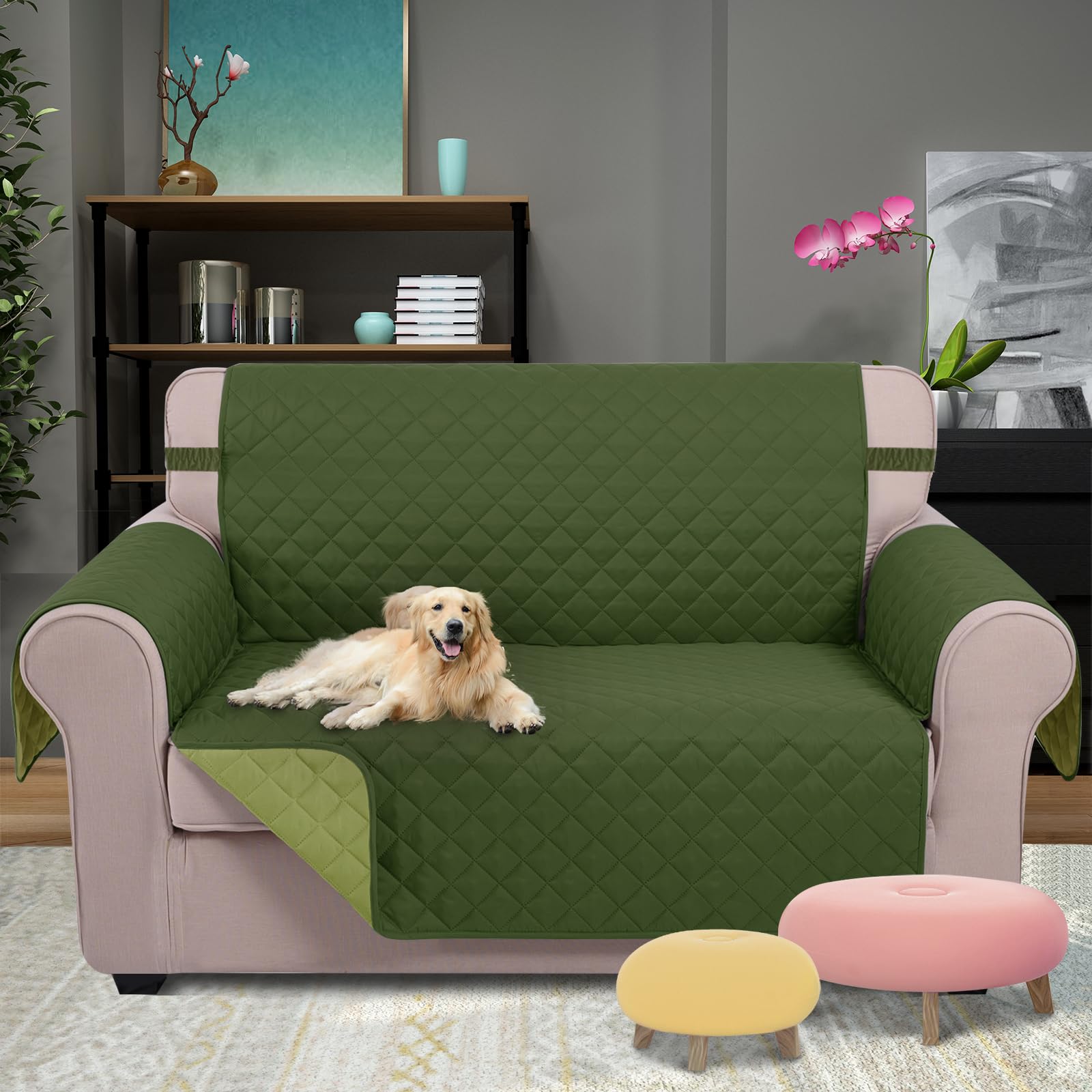 U-NICE HOME Loveseat Sofa Cover for 2 Cushion Couch, Huntergreen/Sage