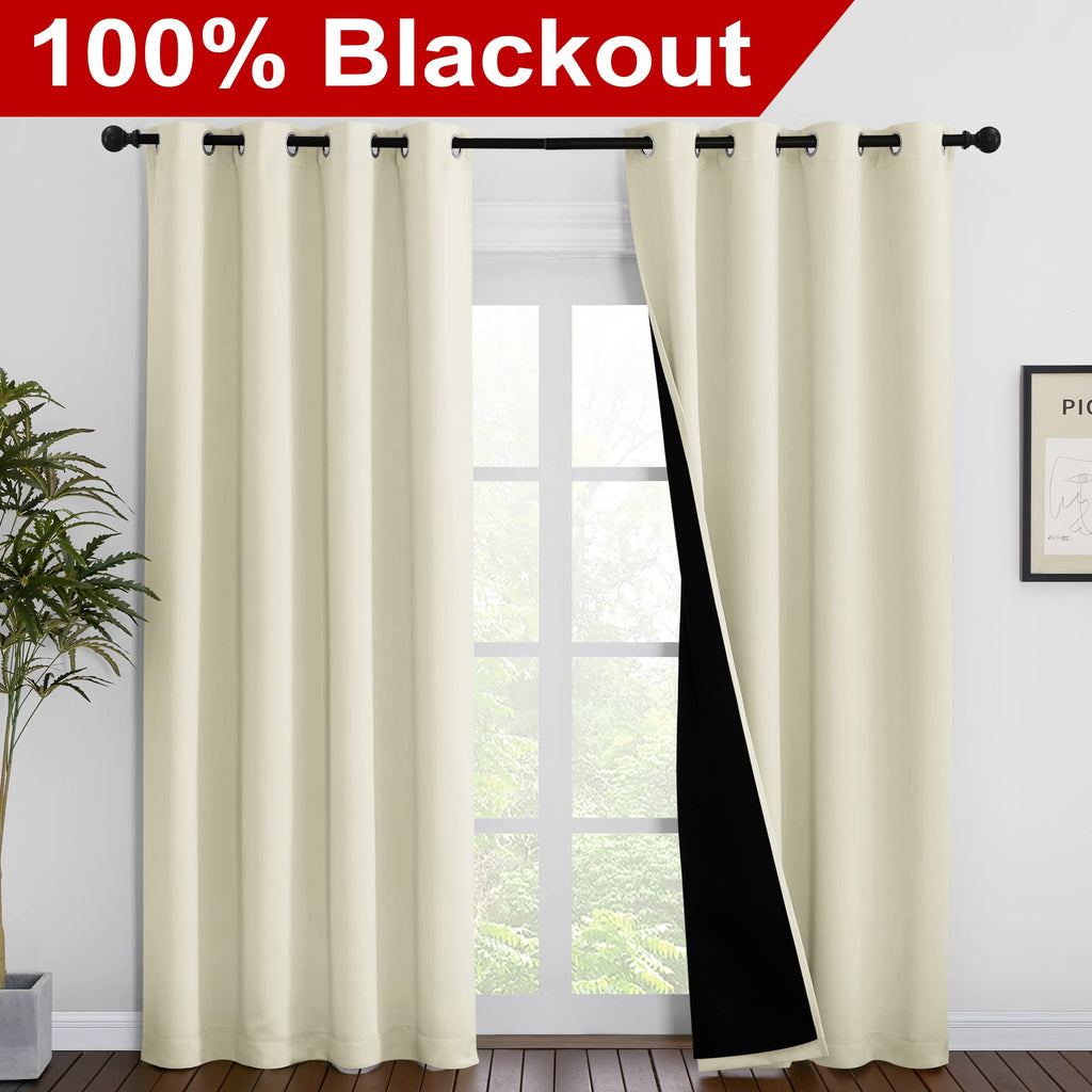 NICETOWN Living Room Completely Shaded Draperies, Privacy Protection & Noise Reducing Ring Top Drapes, Black Lined Insulated Window Treatment Curtain Panels (Beige, 2 Pieces, W55 x L86)