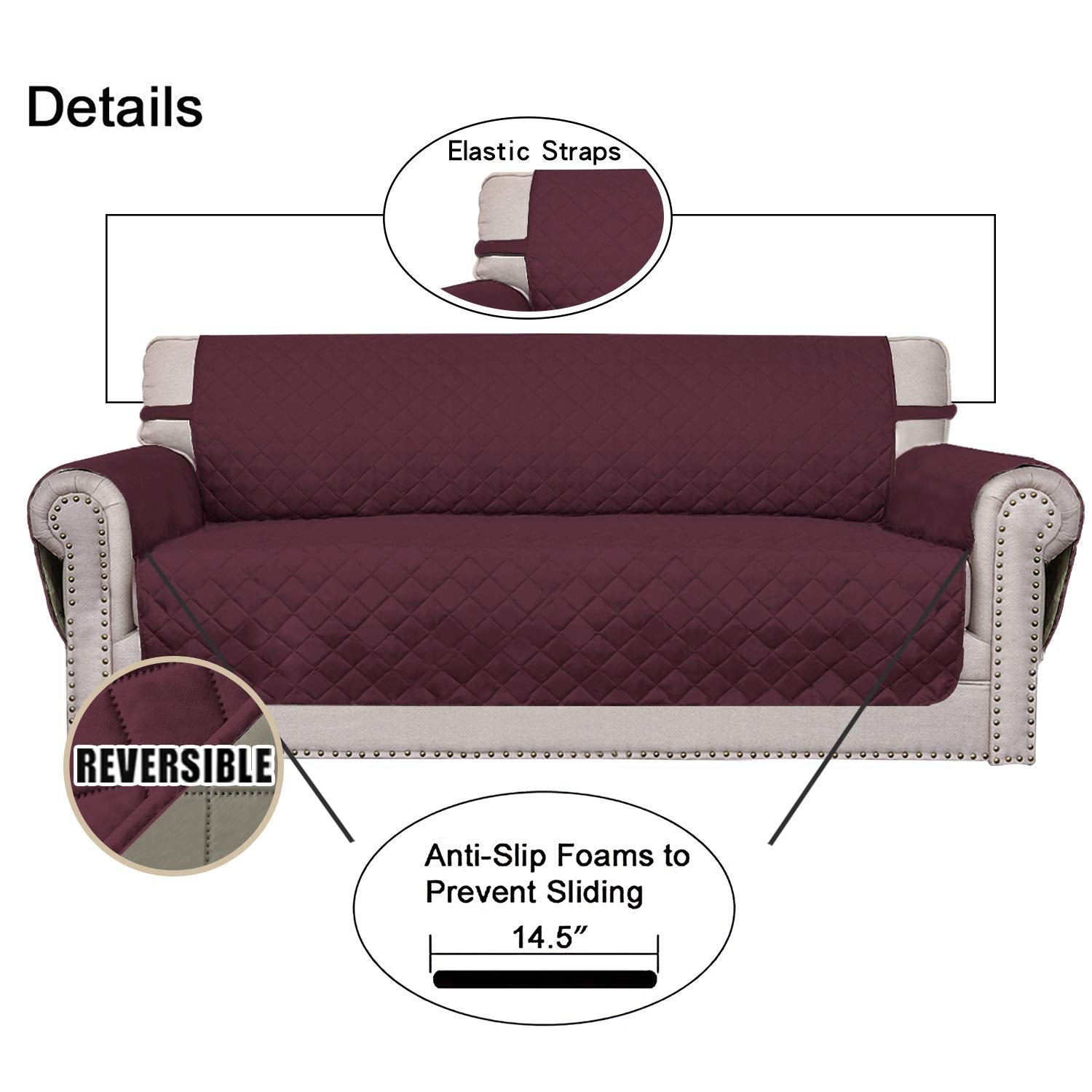 Easy-Going Reversible Couch Cover, 3 Cushion Sofa, Large, Wine/Beige