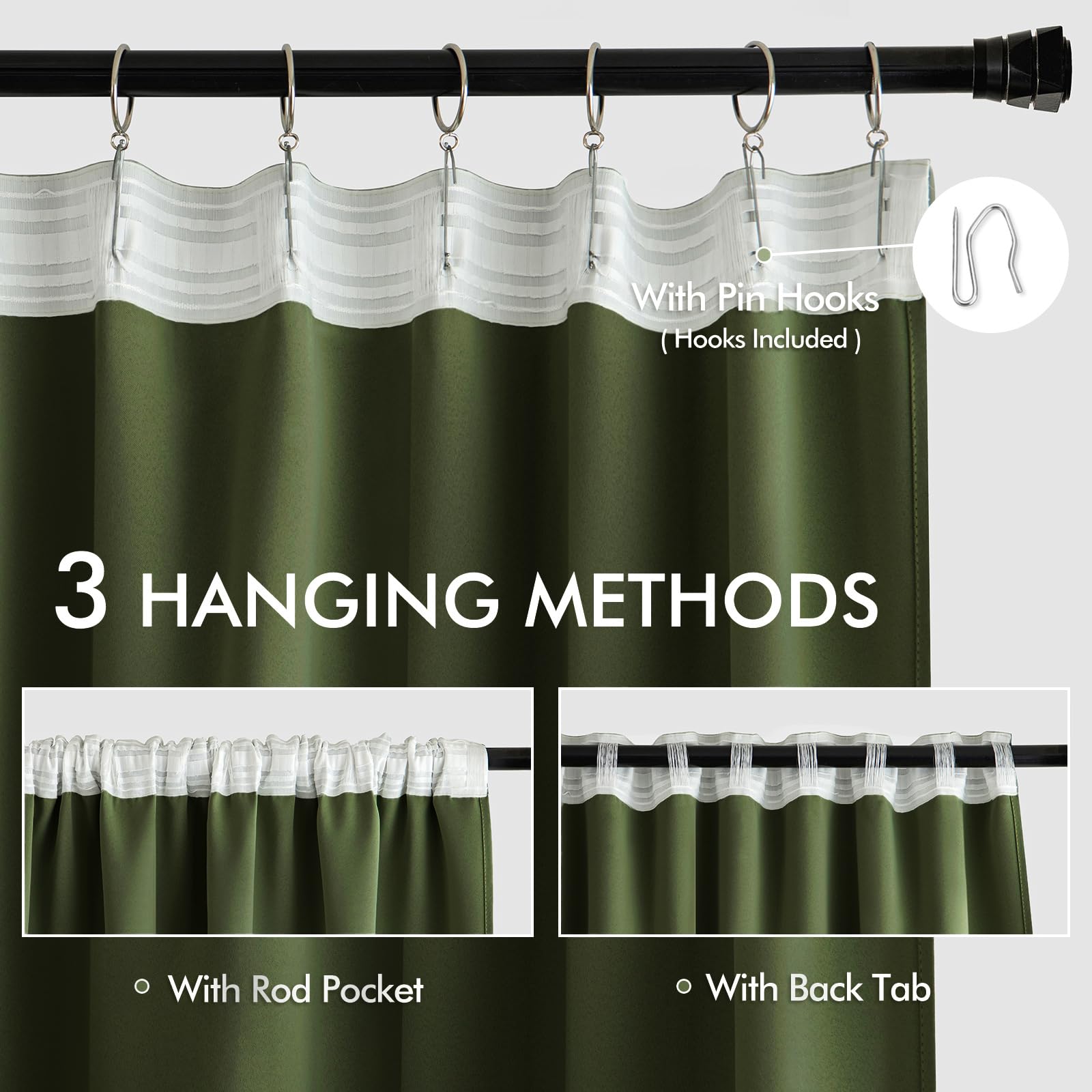 MIULEE Olive Green Back Tab Blackout Curtains 52x108 Inch Long 2 Panels Set