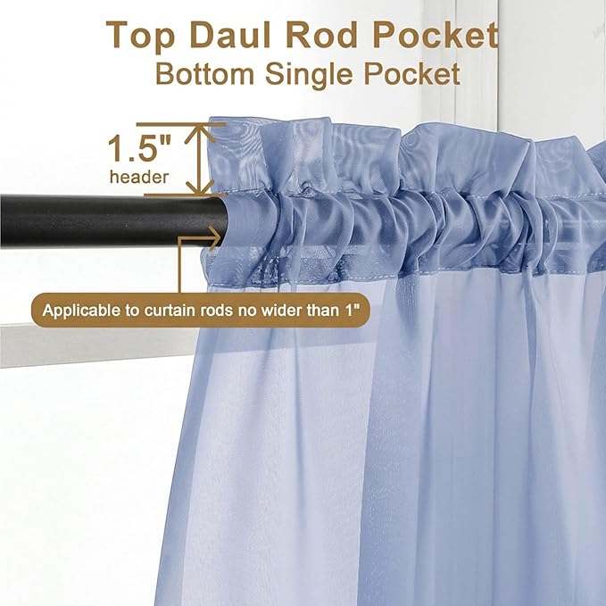 Chyhomenyc Sheer Tier Curtains 24 Inch Length - Small Window Kitchen Curtains for Bathroom Living Room Basement, Farmhouse Short Voile Curtain 42Wx24L, Rod Pocket, 2 PCS, Denim Blue