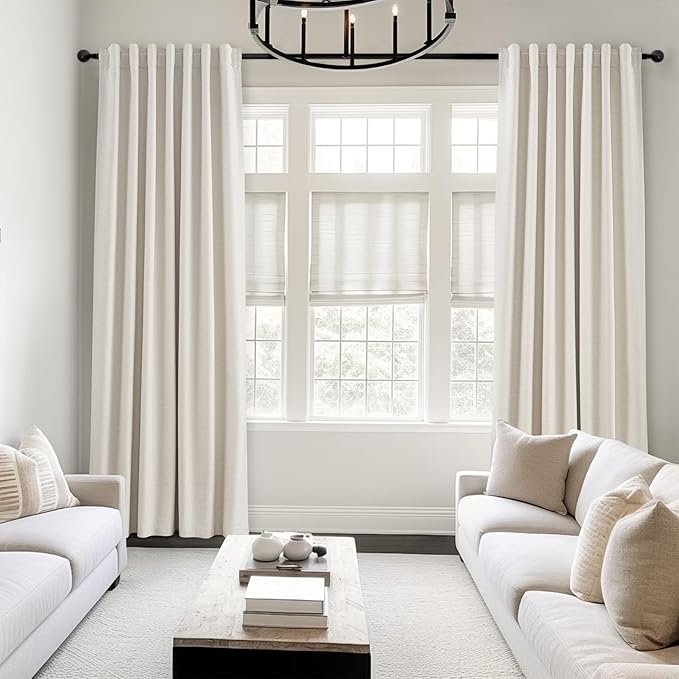 Topfinel 80 Inch Long Linen Blackout Curtains 2 Panels Set for Bedroom Back Tab Rod Pocket Pleated Boho Farmhouse Room Darkening Curtains for Sliding Glass Door,Cream Ivory, 52x80 in Length