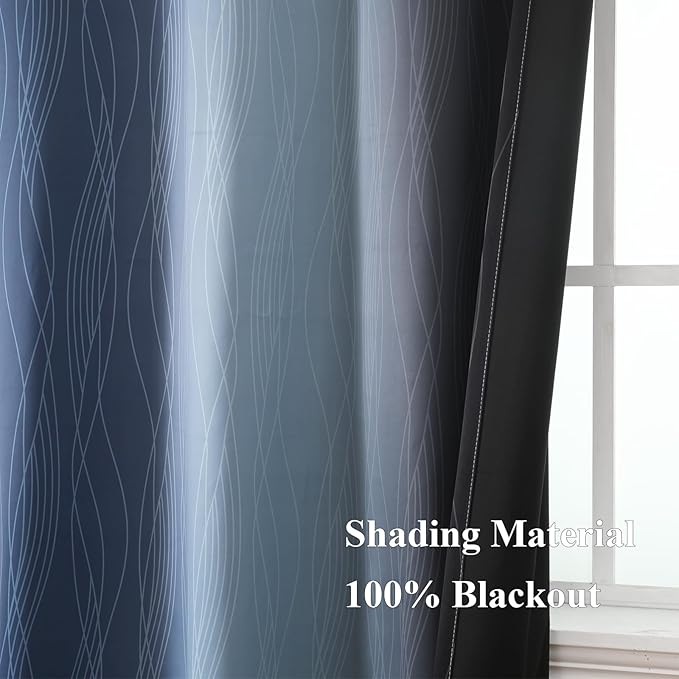 Navy Blue and Black Ombre Blackout Curtains for Bedroom 63 Inch Length