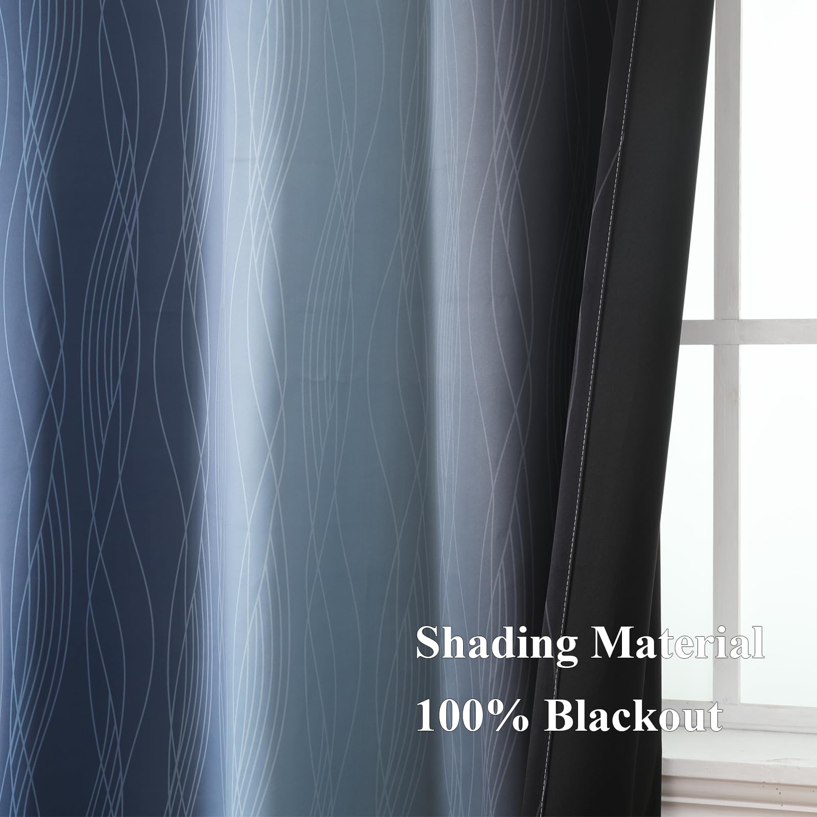 Navy Blue and Black Ombre Blackout Curtains for Living Room 96 Inch Length
