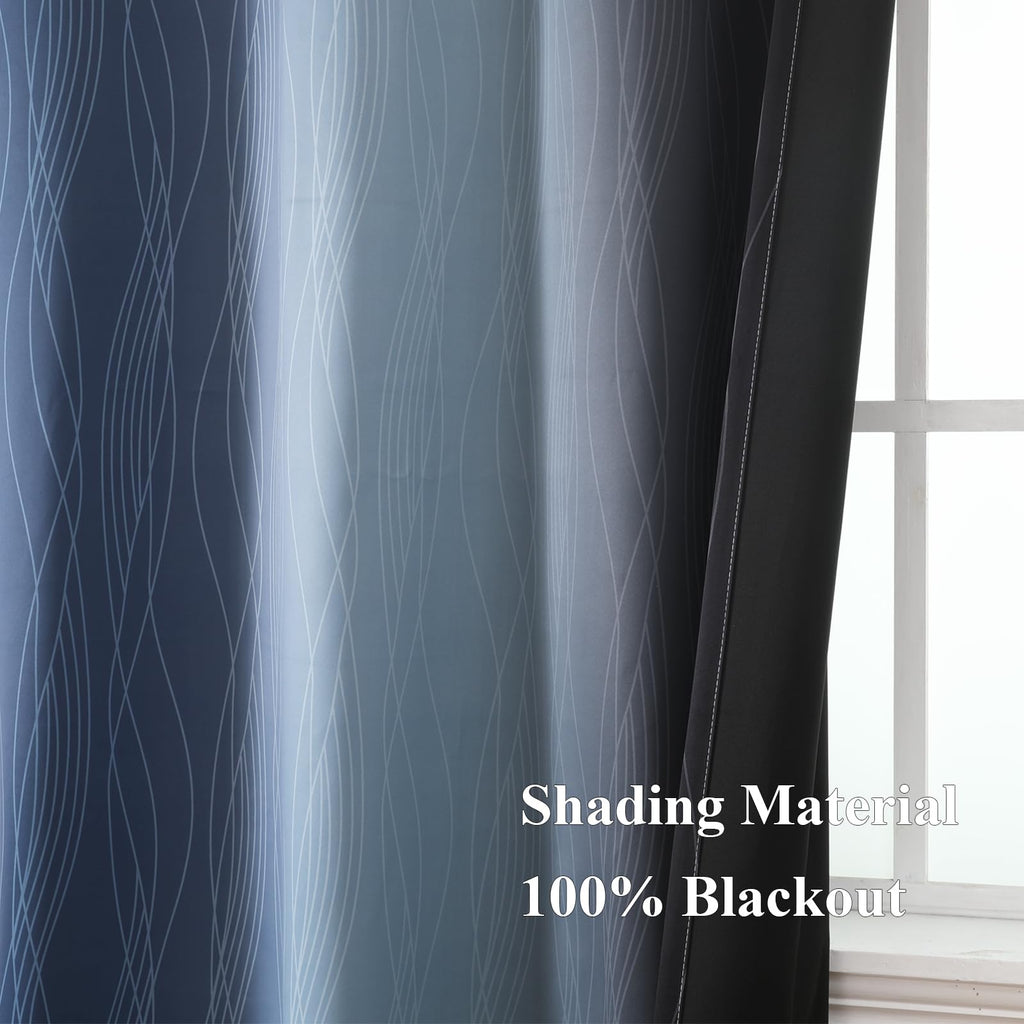 Navy Blue and Black Ombre Blackout Curtains for Living Room 96 Inch Length