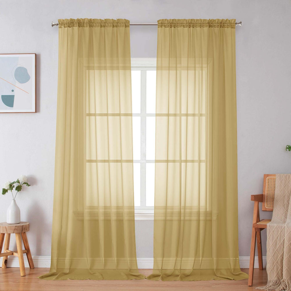 Simplebrand Gold Sheer Curtains 96 Inches Long, Light Filtering Rod Pocket Solid Color Window Sheer Curtain Panels, Elegant Curtains & Drapes for Living Room, Bedroom 2 Panels, 59" W x 96" L