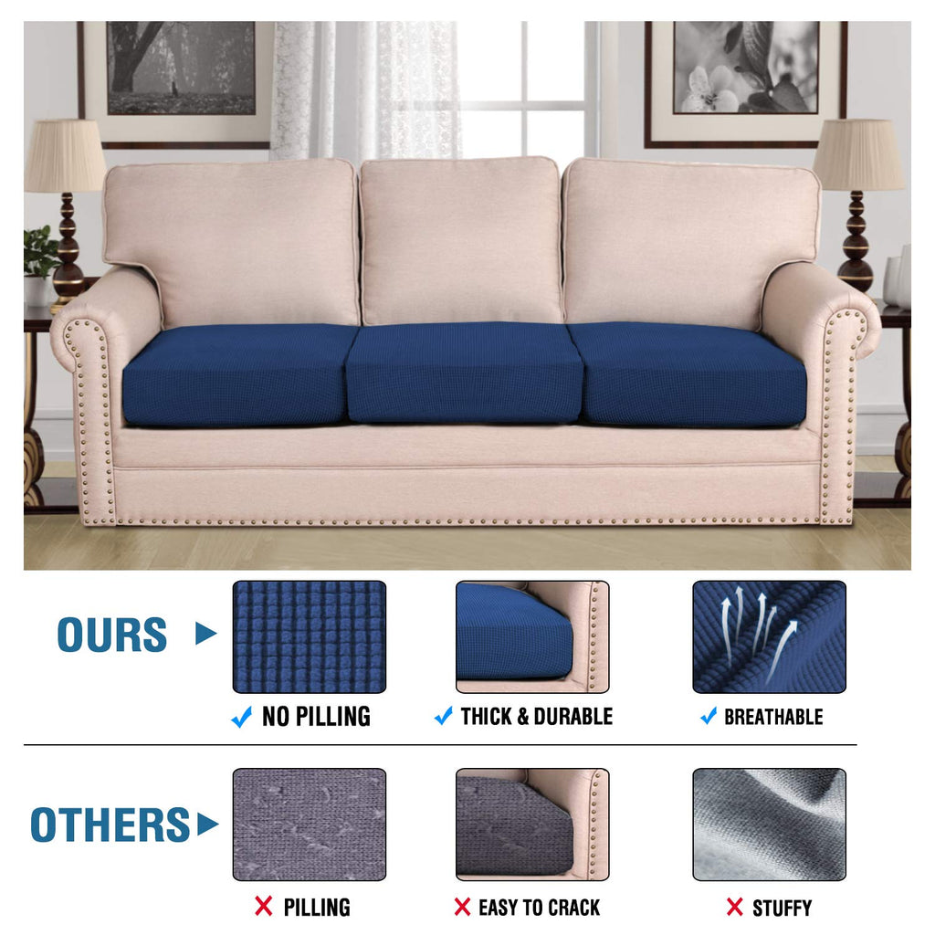 H.VERSAILTEX Super Stretch Couch Cushion Covers Sofa Cushion Slipcovers Jacquard Fabric Individual Seat Couch Slipcover Sets for Pets with Elastic Bottom(3 Packs Cushion Sofa Covers, Navy)