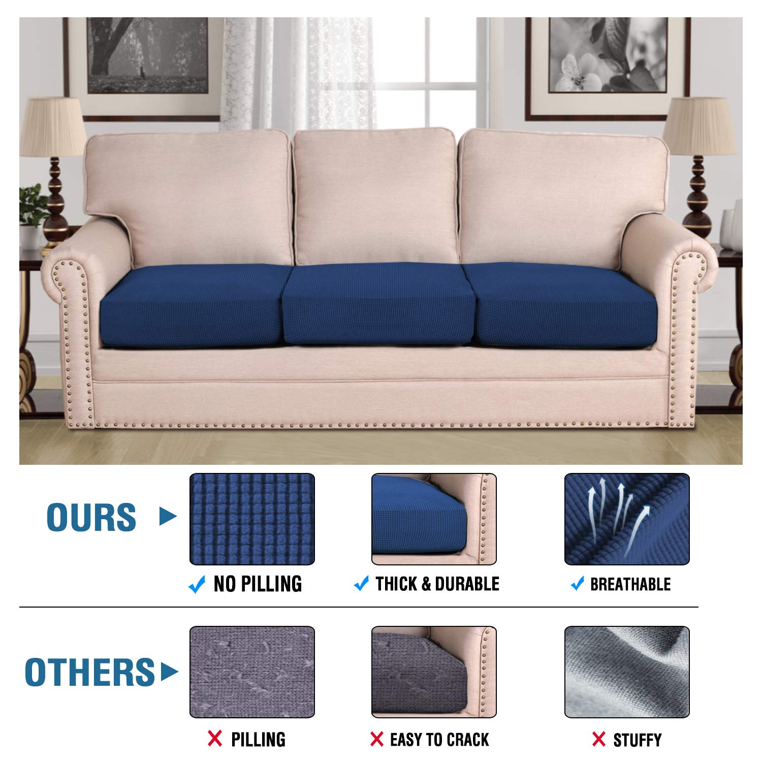 H.VERSAILTEX Super Stretch Couch Cushion Covers Sofa Cushion Slipcovers Jacquard Fabric Individual Seat Couch Slipcover Sets for Pets with Elastic Bottom(3 Packs Cushion Sofa Covers, Navy)