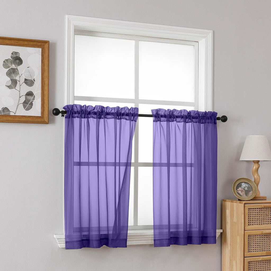 Ebesto Purple Small Sheer Curtains 2 Panels Set, Kitchen Curtains 36 Inch Length, Elegant Light Filtering Short Window Drapes for Living Room Bedroom, Dual Rod Pocket Design, 2x42Wx36L Inches