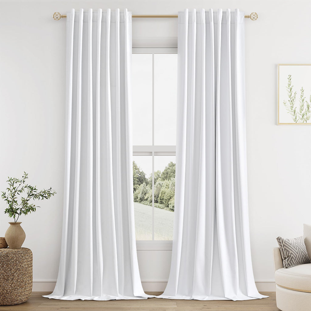 Guken White 100% Blackout Linen Curtains 144 Inch Length 2 Panels Set for Living Room Bedroom Back Tab Thermal Insulated Black Out Drapes Room Darkening Window Curtains