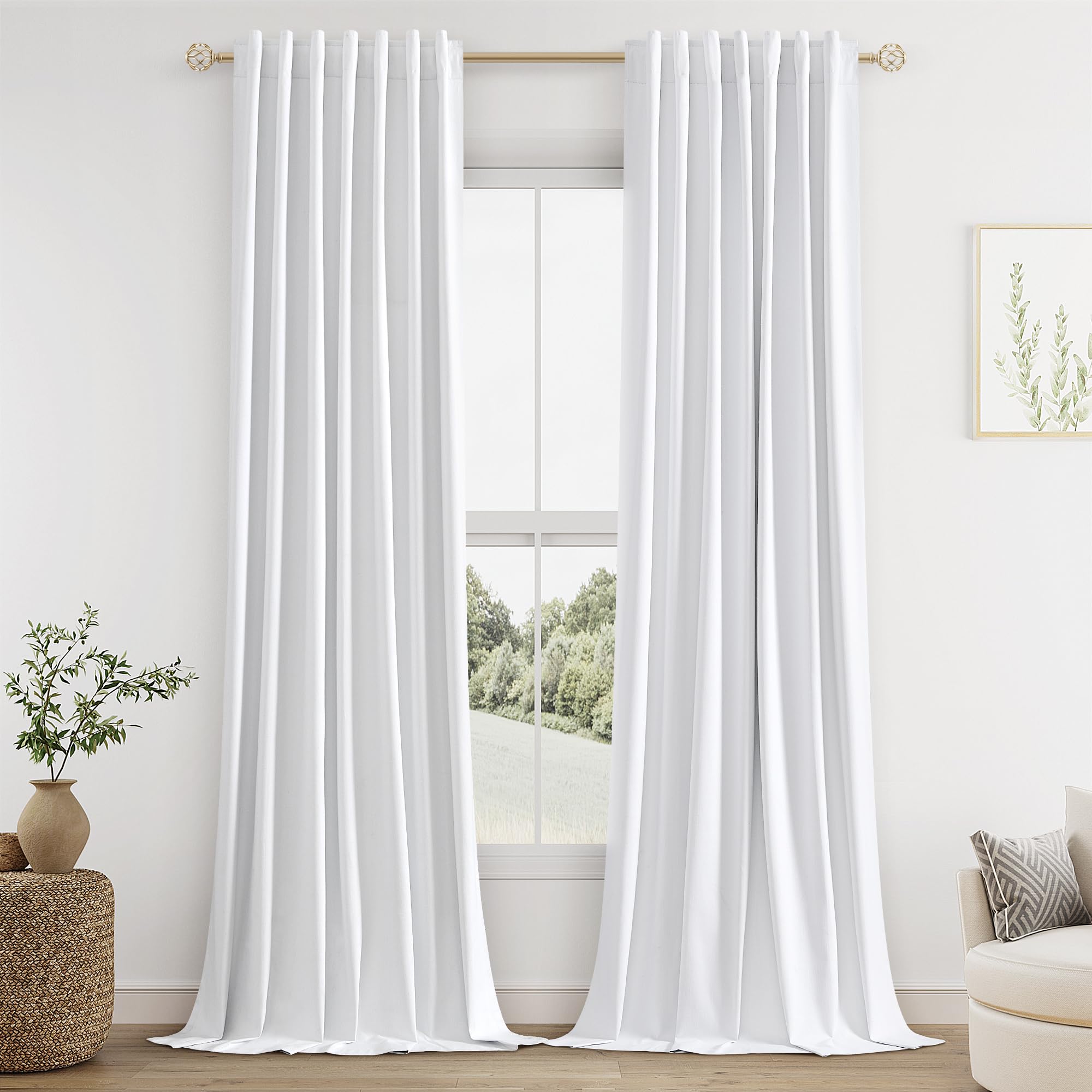 Guken White 100% Blackout Linen Curtains 144 Inch Length 2 Panels Set for Living Room Bedroom Back Tab Thermal Insulated Black Out Drapes Room Darkening Window Curtains