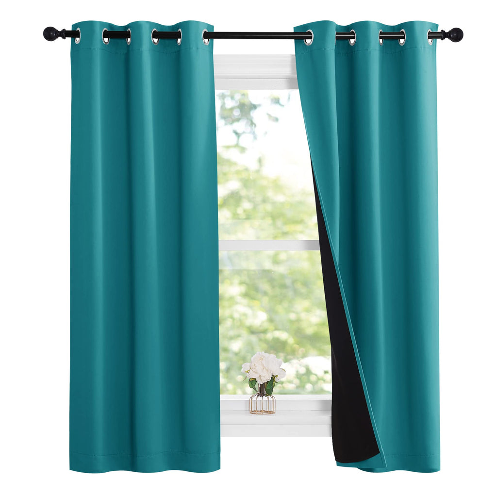 NICETOWN Peacock Teal 100% Blackout Lined Curtains, 2 Thick Layers Narrow Wide Window Treatment Panels Thermal Insulated Drapes for Kitchen Small Window (1 Pair, 37" Width x 63" Length Each Panel)