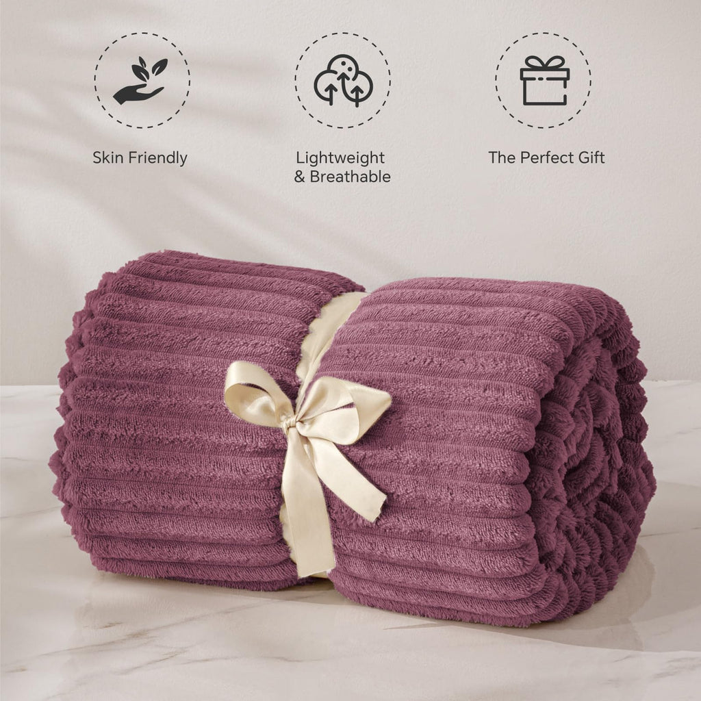 BEDELITE 3D Ribbed Jacquard Plum Fleece Twin Blanket for Bed, 60x80 Inch
