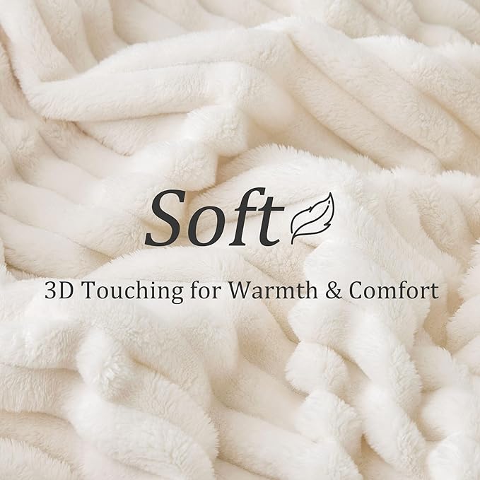 BEDELITE Blankets Queen Size for Bed, 300GSM Soft & Warm Fleece Blanket, Decorative and Giftable Striped Cream White Blankets for Women, Men, 90"x90"